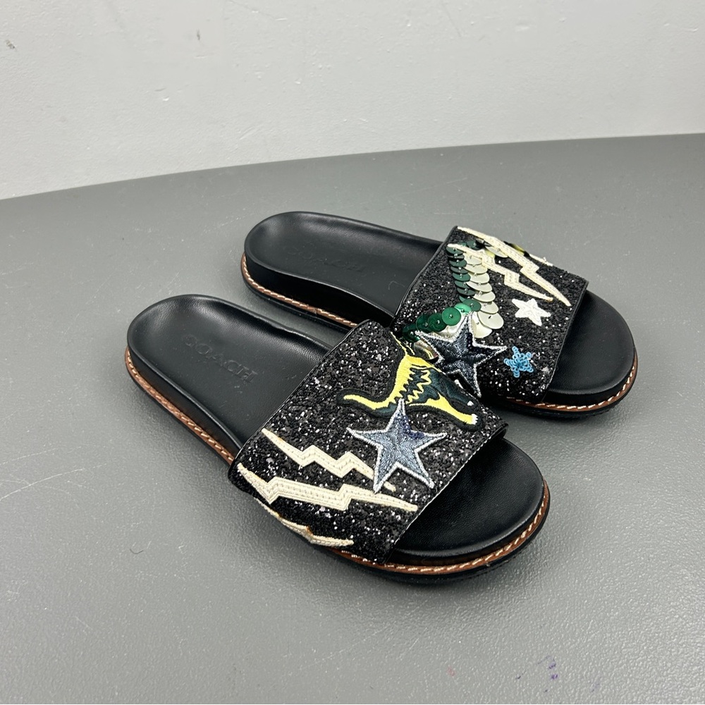 Coach Black Glitter Star Embellished Sandals